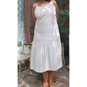 Valentina Naldi Cotton Embroidered Eyelet Midi Dress L Tan Boho Cottage Prairie